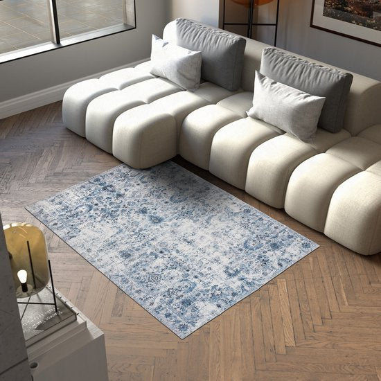 tectake® Vintage design tapijt - laagpolig vloerkleed - Boho vloerkleed - Voor woonkamer, slaapkamer, kinderkamer of tienerkamer - Wasbaar - 160cm x 230cm - blauw