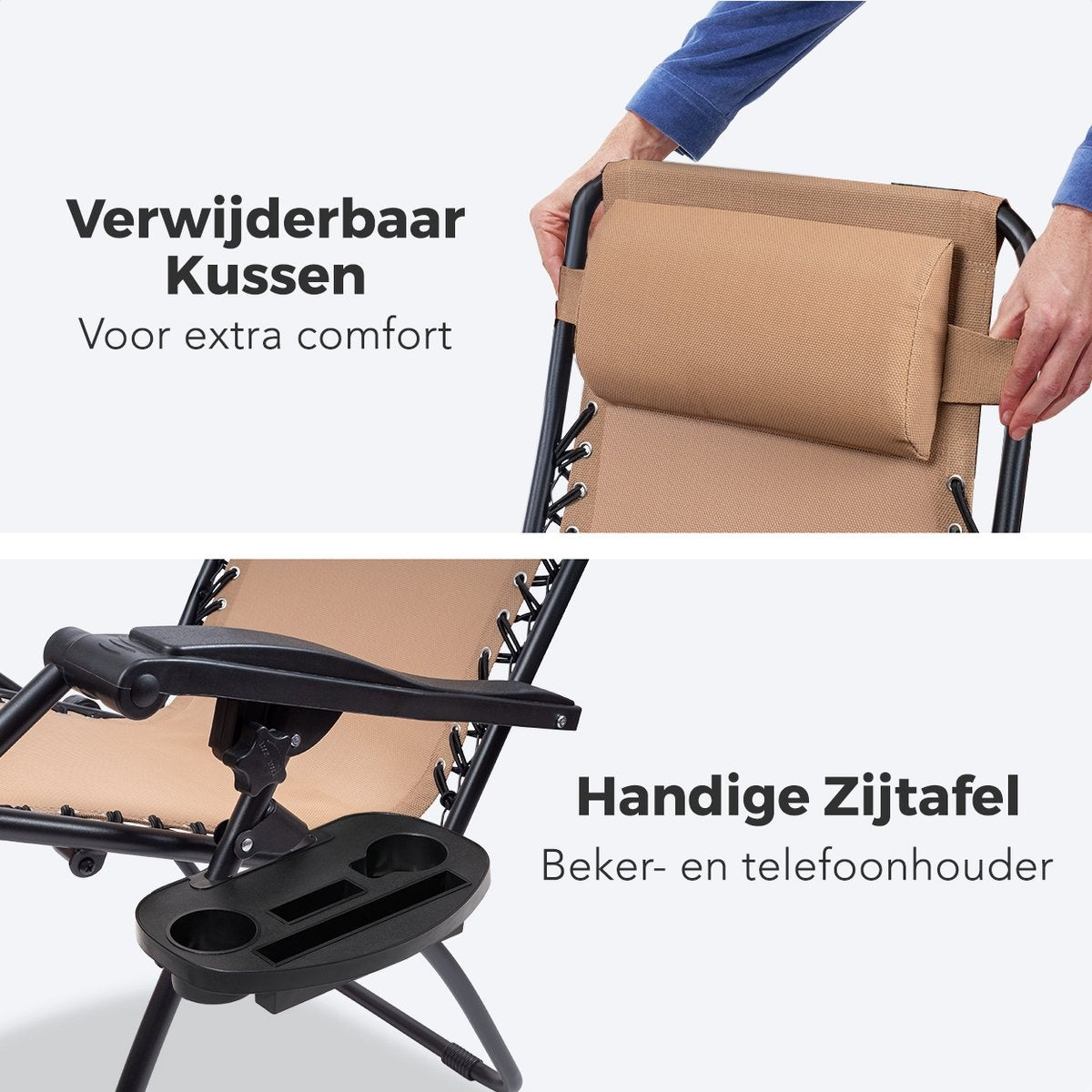 LifeGoods Opvouwbare Tuinstoelen - 2 Stuks - 30°-90° Verstelbaar - Metaal - Beige