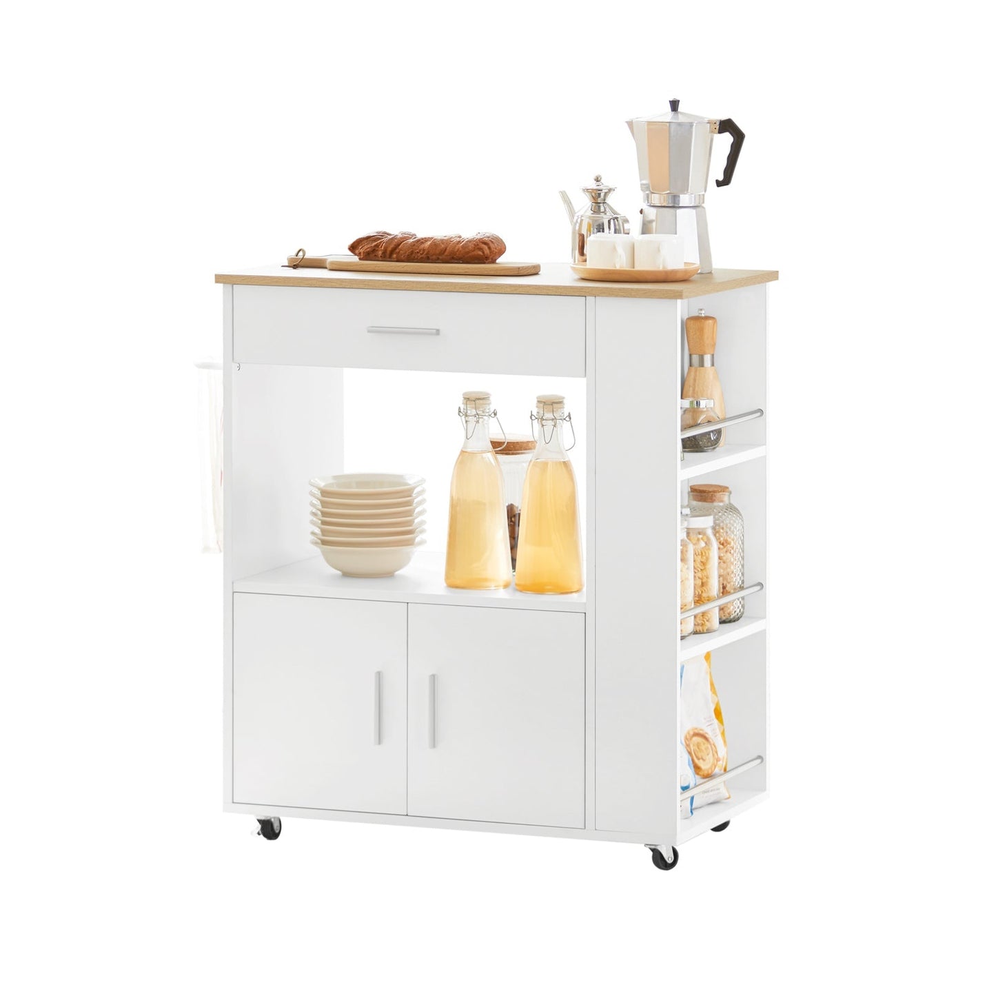 SoBuy Keukenwagen met 1 lade, 2 deuren & 3 opbergplanken - Max. 75KG - 75 x 46 x 83 cm - Wit