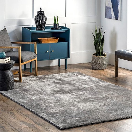 Flycarpets Solid Hoogpolig & Wasbaar Effen Vloerkleed - Grijs - Woonkamer Tapijt - 160x230 cm