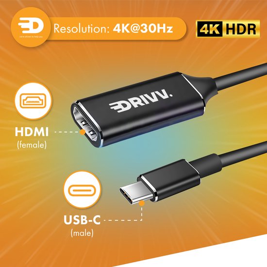 Drivv. USB C naar HDMI Adapter - Ondersteunt 4K 30Hz - Converter - Type C naar HDMI - Thunderbolt 3 - Zwart