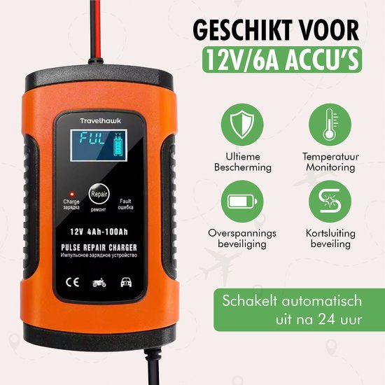 Travelhawk Acculader - Druppellader - Acculader Auto - Geschikt voor Motor Auto Scooter - 12V 6A