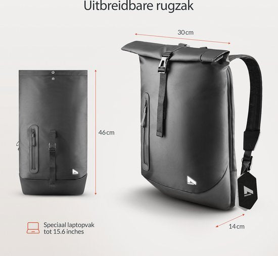NOHRD Waterdichte Rolltop Rugzak Zwart - Rugtas Heren & Dames - Waterdicht - Rugtas met Laptopvak - Waterproof Rugzak Laptop - Rugzakken