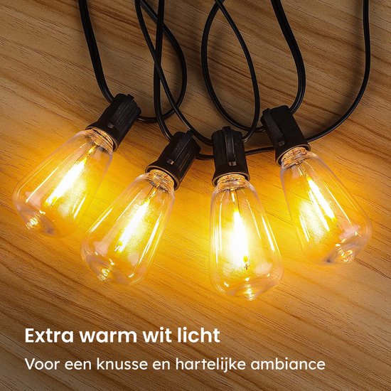 Partizzle 15m LED Lichtsnoer Edison - 25 Lampjes Slinger - Waterdicht Kerst Lichtslinger voor Buiten Terras en Camping - Kerstverlichting / Tuinverlichting - 2700k / Warm Wit