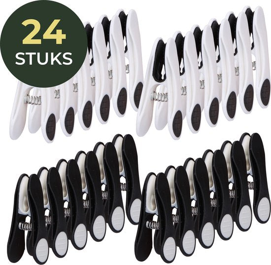Gandria Wasknijpers 24 Stuks - Kunststof Wasknijpers - Set van 24 Plastic Knijpers - Wasrek Knijpers 10 Kg - Zwart/Wit en Wit/Zwart