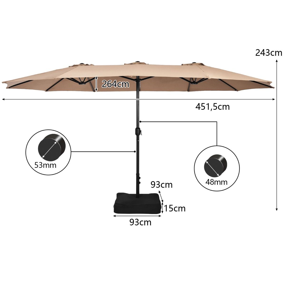 Coast 451,5 x 264 cm Dubbele Terrasparasol met Standaard – Bruin XXL Schaduwparasol voor Tuin, Terras en Zwembad