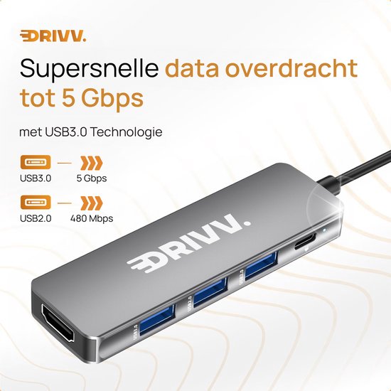Premium USB C Hub 5 in 1 - HDMI 4K 30Hz - PD 100W - USB 3.0 - USB 20 - USB Splitter - Adapter - Space Grey