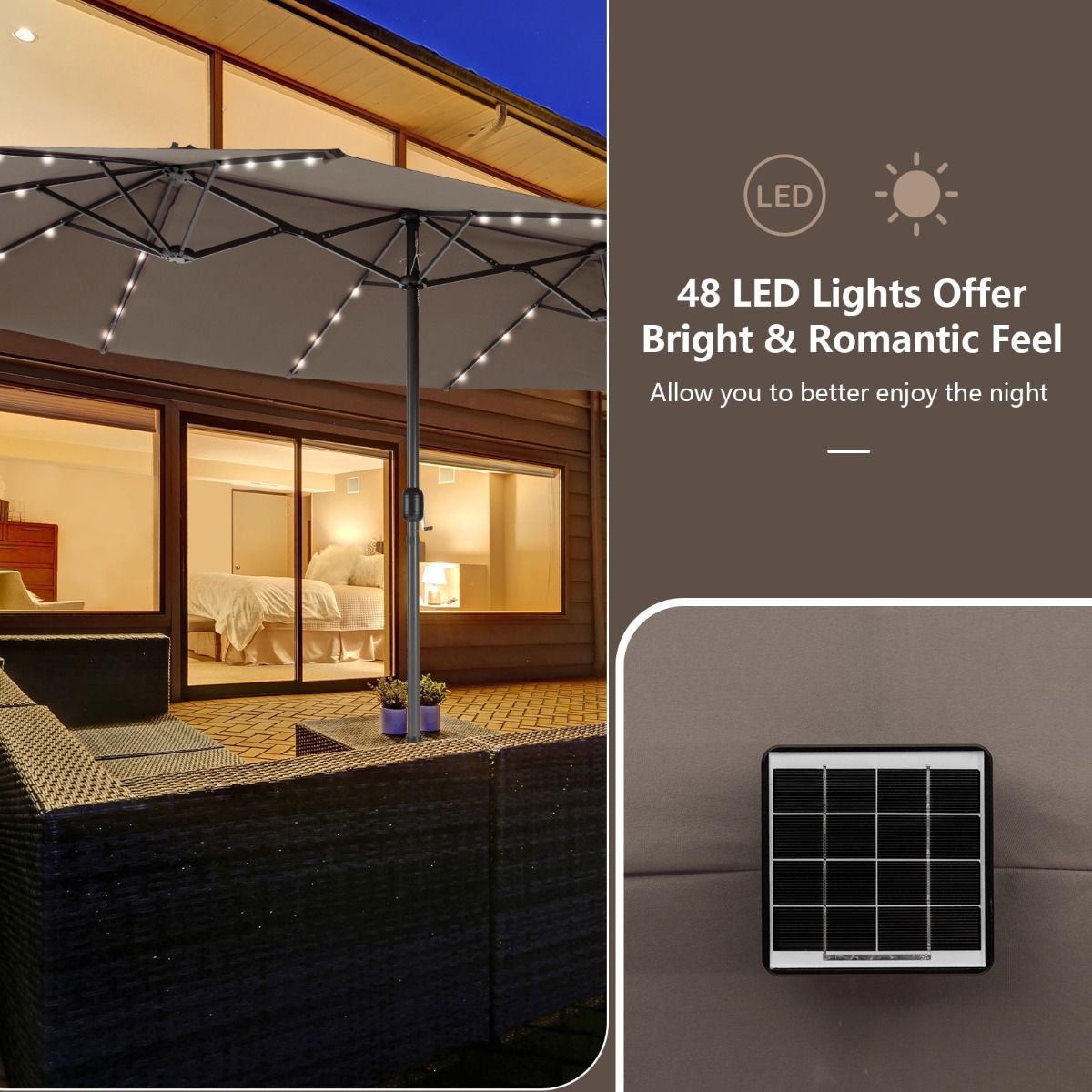 Coast Dubbelzijdige Terrasparasol 470 x 280 cm - 48 LED-Lampjes met Zonnepaneel - Zwengelsysteem - Bruin