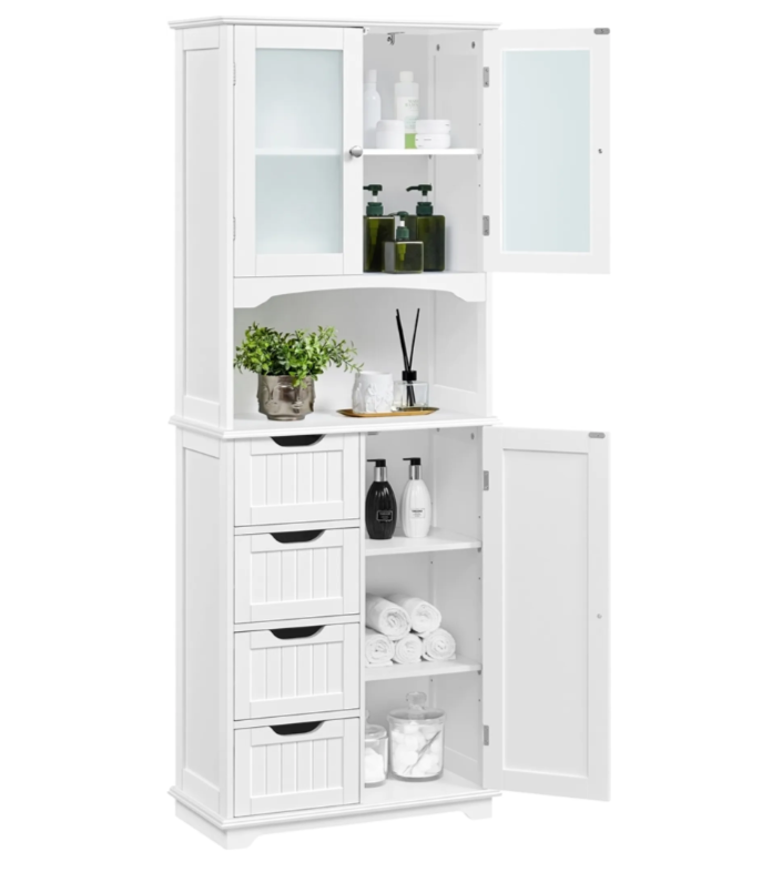 Yaheetech Badkamerkast - Wit - 63 x 30 x 165,5 cm - Glazen Deuren, 4 Lades, Verstelbare Planken