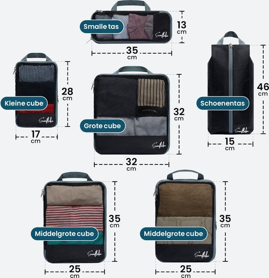 Compressie Pak Kubussen - Koffer Organizer Set - 6 stuks - Rugzak Compressie Kubussen - Met Compressierits - Mesh Zwart - Sunflake