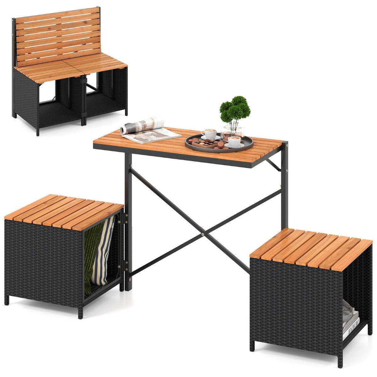 Coast 2-in-1 tuinbank en picknicktafel - omvormbaar balkonmeubel - met opbergruimte - zwart/naturel