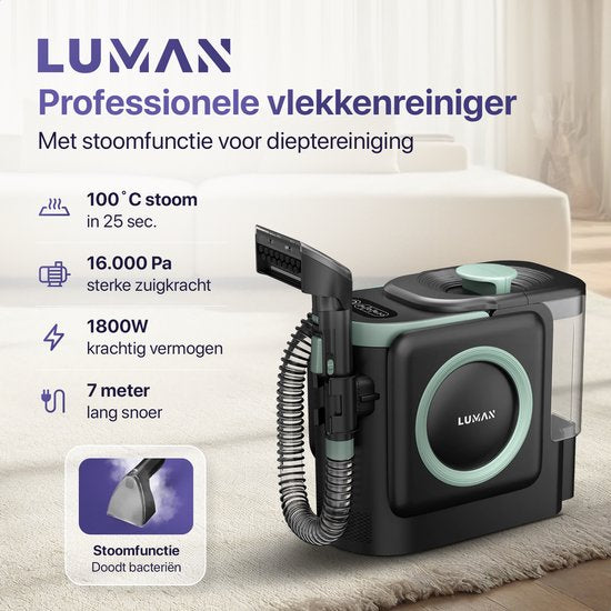 LUMAN 10 in 1 Tapijtreiniger PRO 1800W - 100°C Stoomfunctie en Zelfreinigend - Vlekkenreiniger - Stoomreiniger - Zetelreiniger - Reiniger voor bank, vloer, auto en tapijt - 7 Meter Snoer