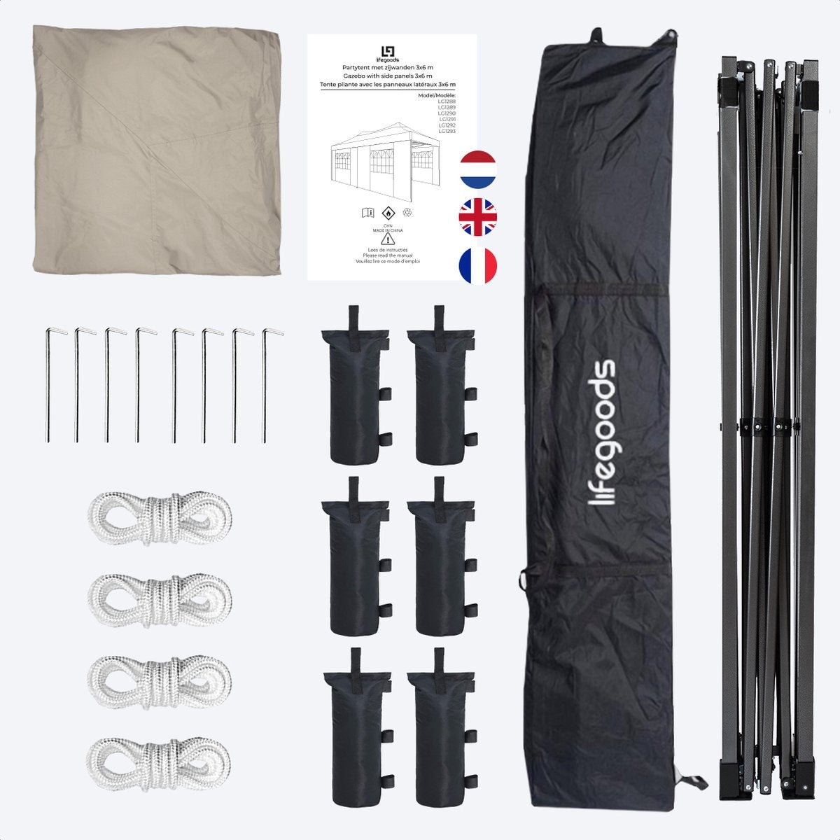 LifeGoods Partytent - Paviljoen - EasyUp - Opvouwbaar - 4 Zijwanden - Waterdicht - Met Draagtas met wieltjes - 300 x 600 cm - Beige