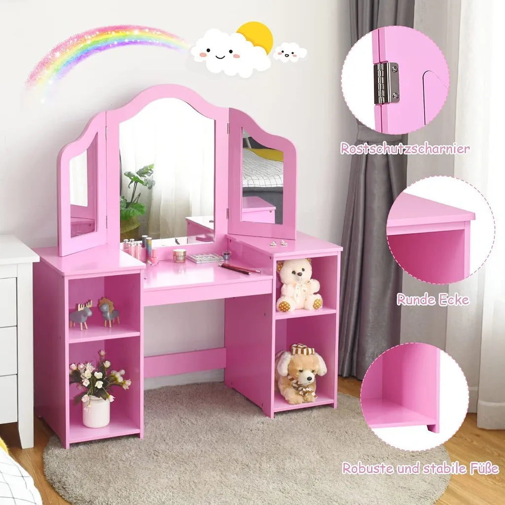 Coast 2 in 1 kaptafel met verwijderbare spiegel en open houten compartimenten voor kinderen van 3 jaar roze