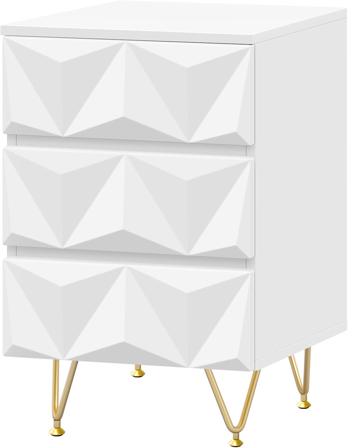 Eugad Nachtkastje met 3 Lades – 40x40x62,5 cm – Wit met Goud – Modern 3D Design