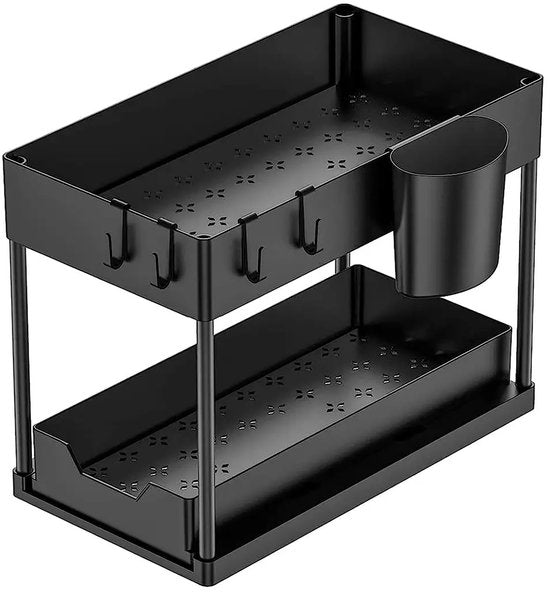 Nexxt Keukenkast Organizer - 2 Lagen – Rek met Uitschuifbare Lade - Inclusief Haakjes en Bakjes – Gootsteen Organizer - Zwart