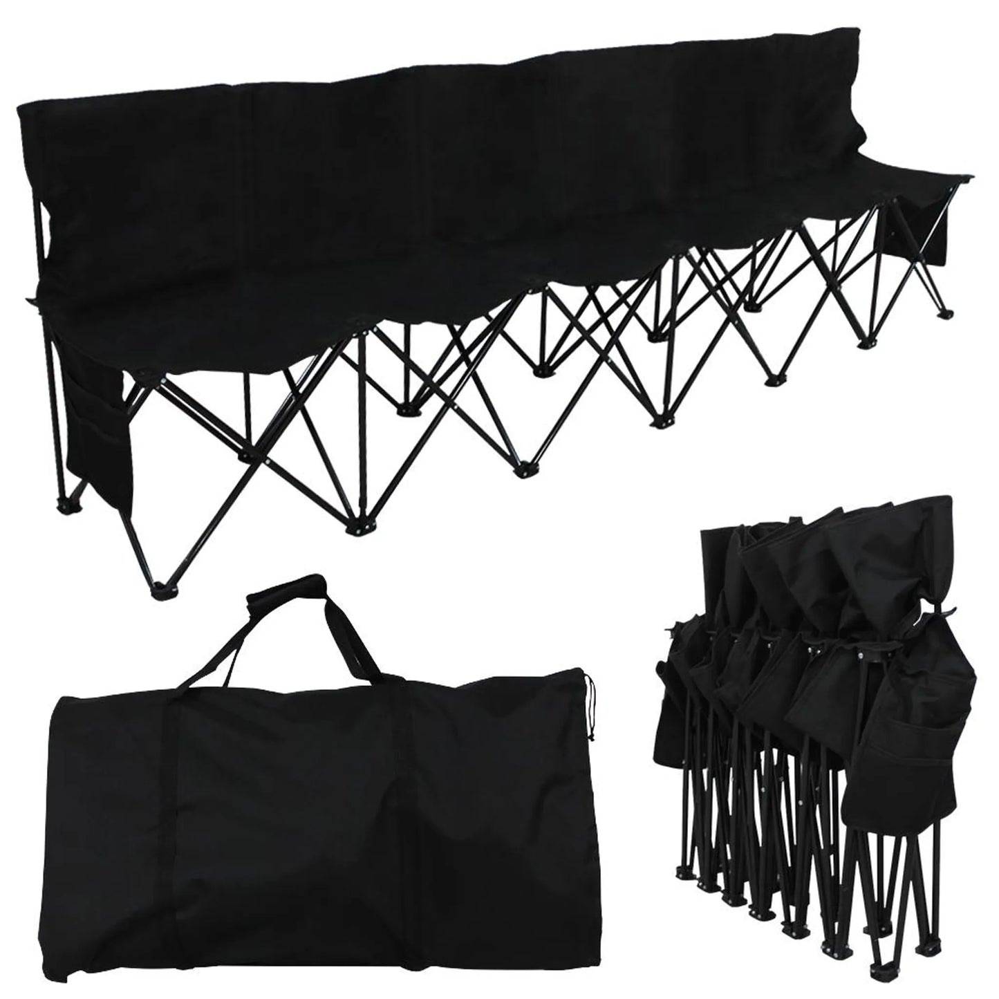 Yaheetech Campingbank Opvouwbaar 6-Persoons – 270 x 49 x 82 cm – Voorzien Van 600D Oxford-Stof En Draagtas En Zijvakken – Voor Sportteams En Evenementen – Zwart Metaal