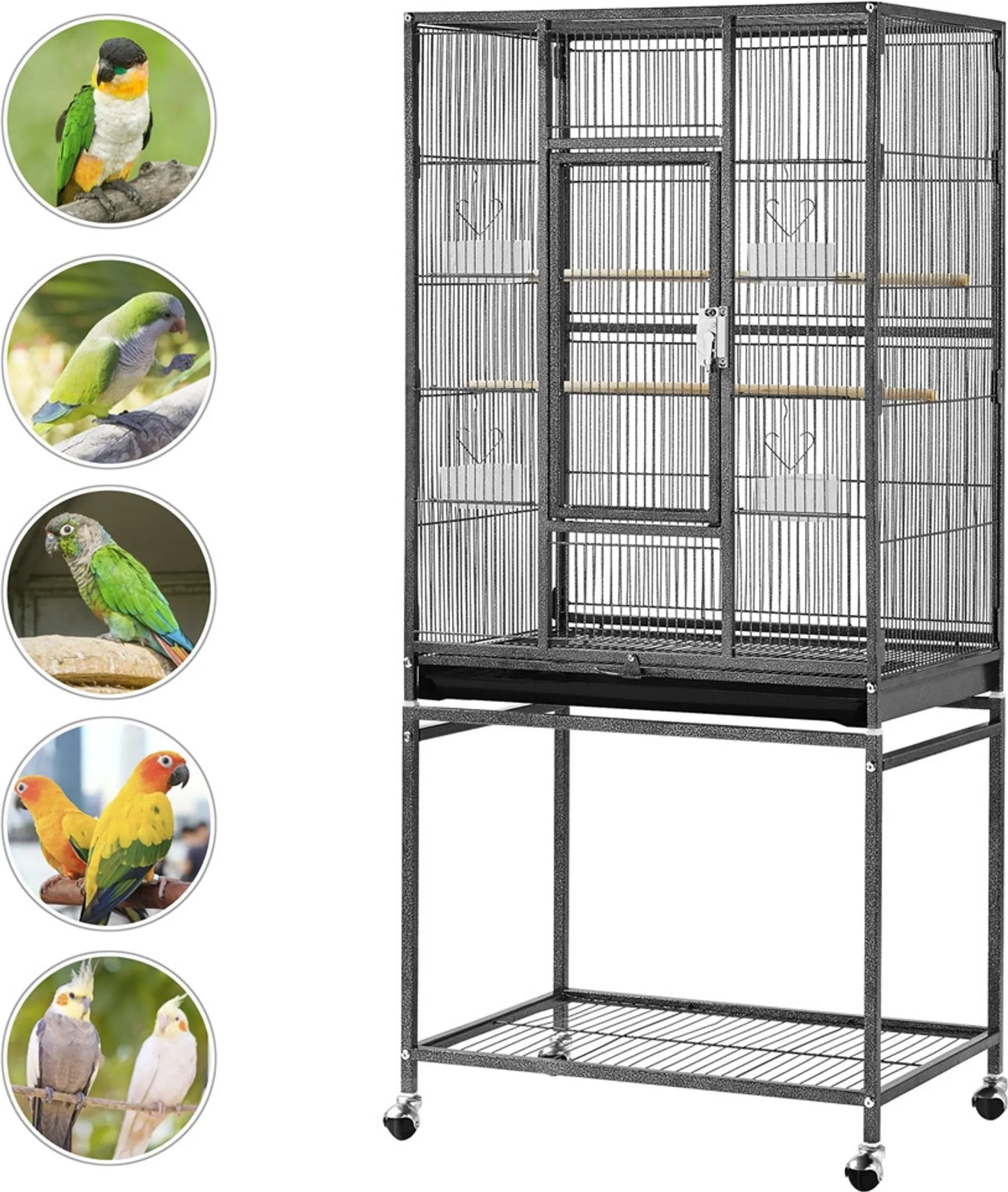 Yaheetech Vogelkooi Met Verrijdbaar Onderstel – Voorzien Van Uitneembare Lade En Extra Opbergplank En 4 Voerbakjes – Voor Parkieten Vinken En Kanaries – Zwart Gepoedercoat Metaal – 61 x 43 x 136 cm