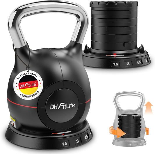 DH FitLife Verstelbare Kettlebell 7-in-1 - 1,5 tot 10 kg - 7 Gewichtsstanden - 20 x 20 x 30 cm - Zwart