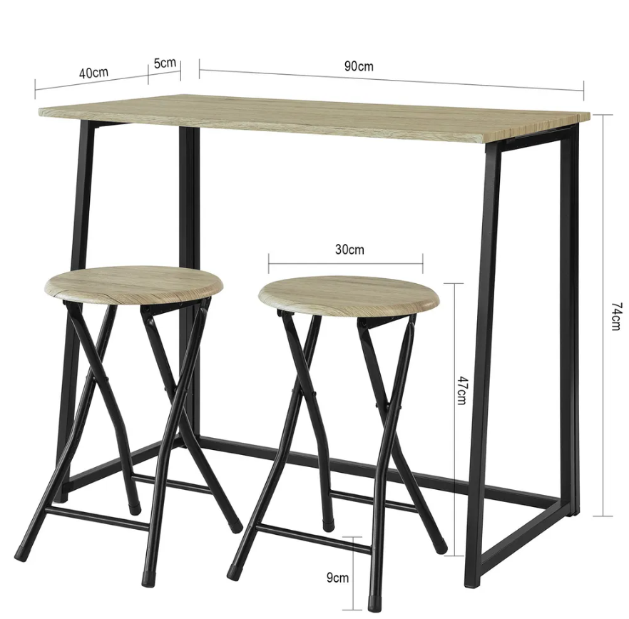 SoBuy Eettafel - 3 Delig - Klaptafel - 2 Krukken - Keukentafel - 90 x74 x 45 cm - Zwart Houten
