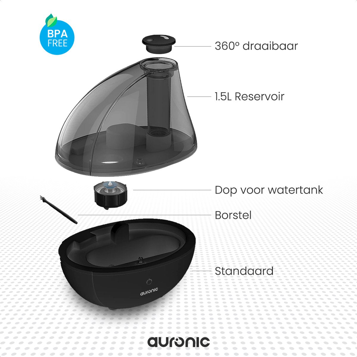 Auronic Luchtbevochtiger - Geschikt voor Babykamer & Slaapkamer - Zwart - Inclusief Waterfilter