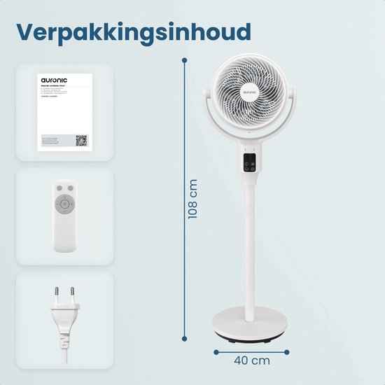 Auronic Statiefventilator - Staande Tafel en Vloerventilator - 9 Standen en Timer - Luchtkoeler - Stil - Met Afstandsbediening en Display - Fan - Wit