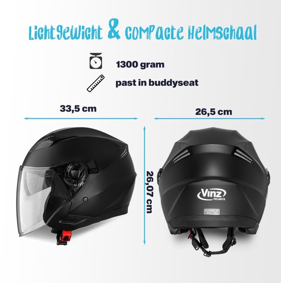 VINZ Calobra Jethelm met Zonnevizier - Scooterhelm & Motorhelm & Brommerhelm - ECE 22.06 - Mat Zwart - M