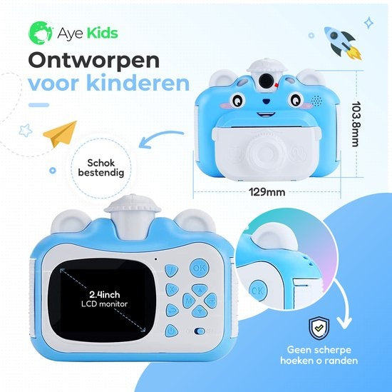 AyeKids Instant Print Kindercamera - Thermische Mini Printer - Fotoprinter - Inclusief 3 rollen & 12 Kleur Stiften - Blauw