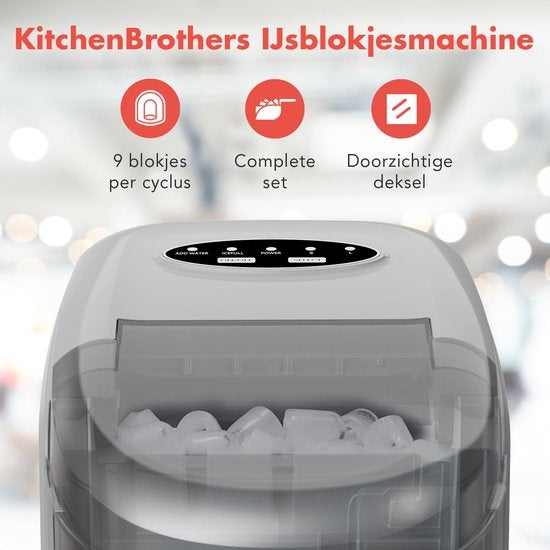 KitchenBrothers IJsblokjesmachine - 1.6L - 8 min. - 12kg/24u - Zelfreinigingsfunctie - IJsblokmaker met IJsschep - RVS