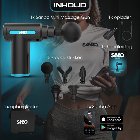 Sanbo Massage Gun Mini - Sport en Relax Massage apparaat - Krachtig - Draadloos - Inclusief Koffer - Met 5 opzetstukken - Zwart/Blauw - Massage Pistool Professioneel