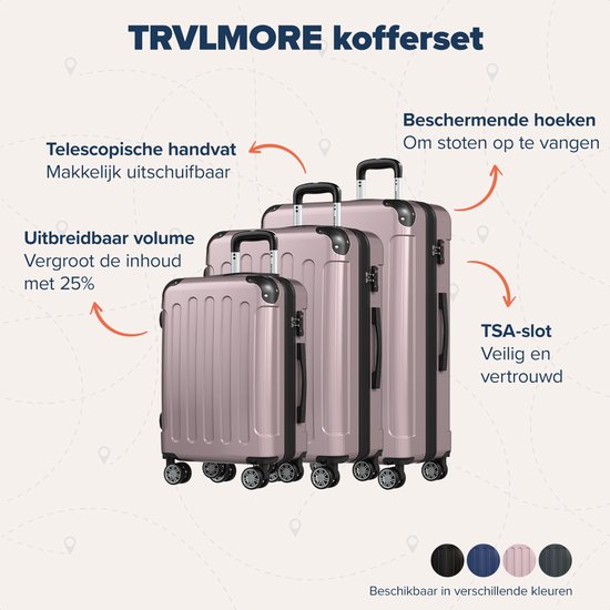 TRVLMORE Kofferset - 3 Delig - Complete Reiskoffer set - 45L Handbagage + 75L en 115L Ruimbagage - Roségoud
