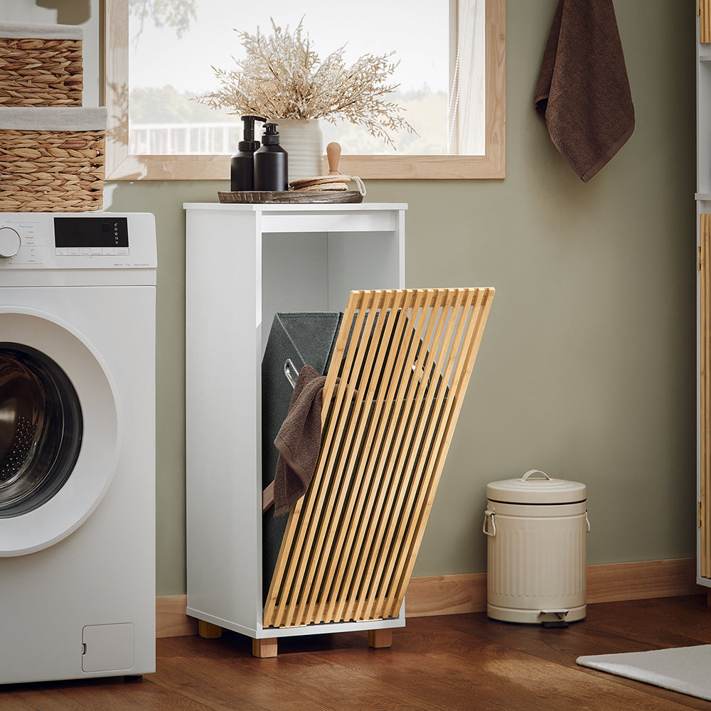 SoBuy Staande Badkamerkast - Smal Badkamerkastje - 1 Kantelbare wasmand - 1 Bamboe deur - 32 x 33 x 85 cm - Wit