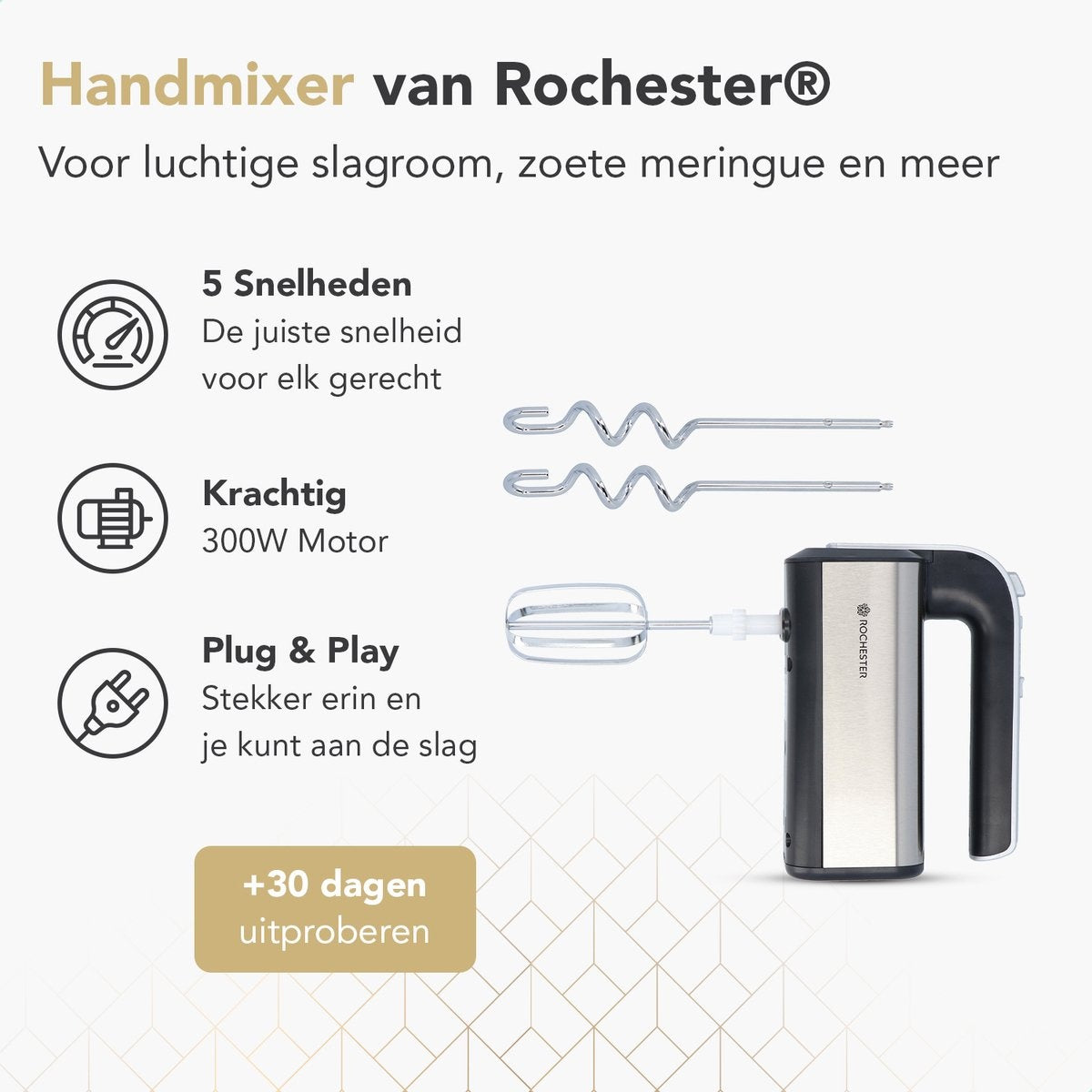 Rochester handmixer met mengkom - Keukenmachine - 5 Snelheden - Mixer Turbo - Incl. Kloppers, Deeghaken - RVS
