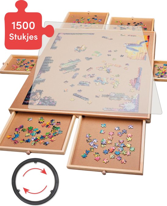 Draaibaar Puzzelbord met Opbergsysteem - 6 lades - 1500 stukjes - Houten - Puzzeltafel - Puzzelplank - Puzzelmap - Puzzelplaat - Incl. Bescherm cover - Puzzel - mat - Koffer - Sorteerbakjes