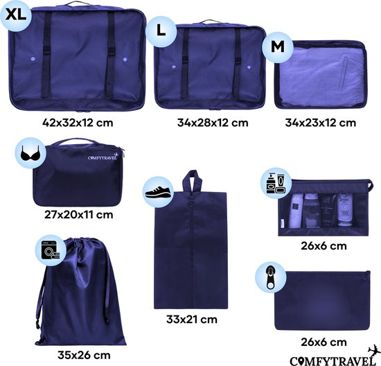 Comfytravel Packing Cubes Set - Koffer / Backpack Travel Organizer - Reisaccessoires - Waterdicht / 8 Stuks - Donkerblauw