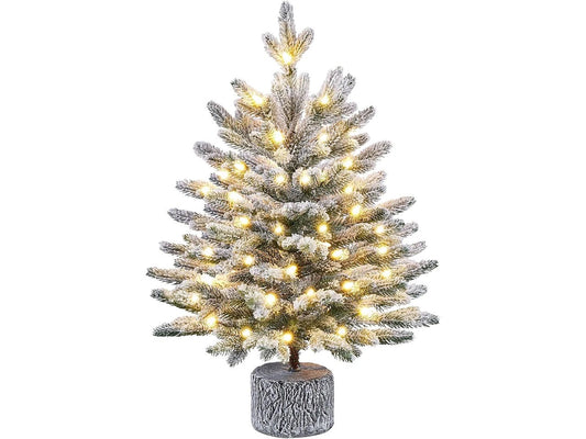 Yaheetech Mini Kunstkerstboom Met Sneeuw – Φ45 x 61 cm – Voorzien Van Warmwitte LED-Verlichting En Metalen Standaard En Vormontage – Voor Tafel En Vensterbank – Groen PVC En Metaal
