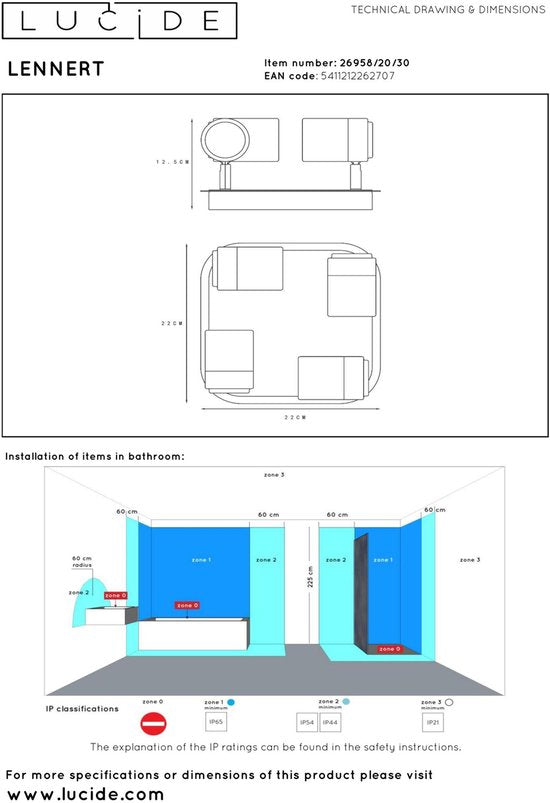 Lucide LENNERT - Plafondspot (Plafondlamp) Badkamer - LED Dimbaar - GU10 - 4x5W 3000K - IP44 - Zwart