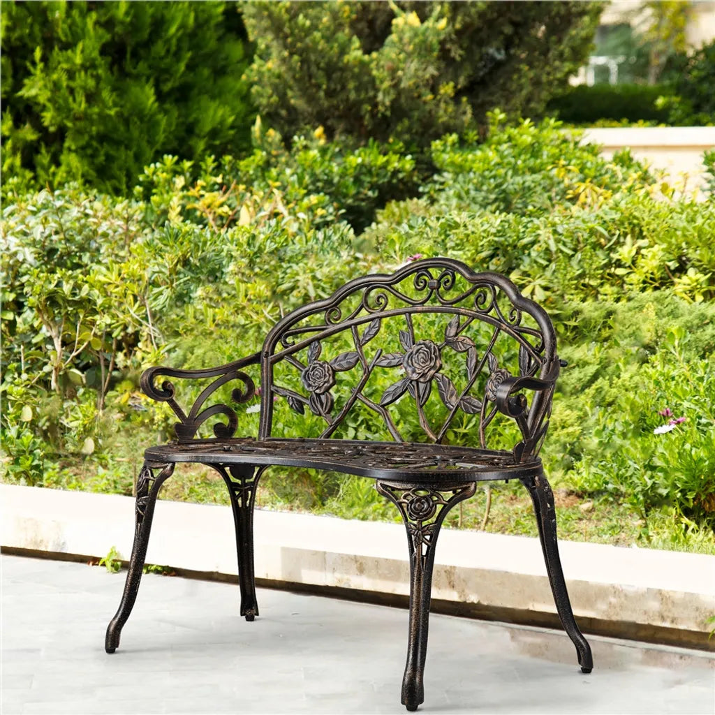 Yaheetech Tuinbank 99,5 x 57 x 78,5 cm - Brons - Vintage Metalen Tuinbank met Rozenpatroon