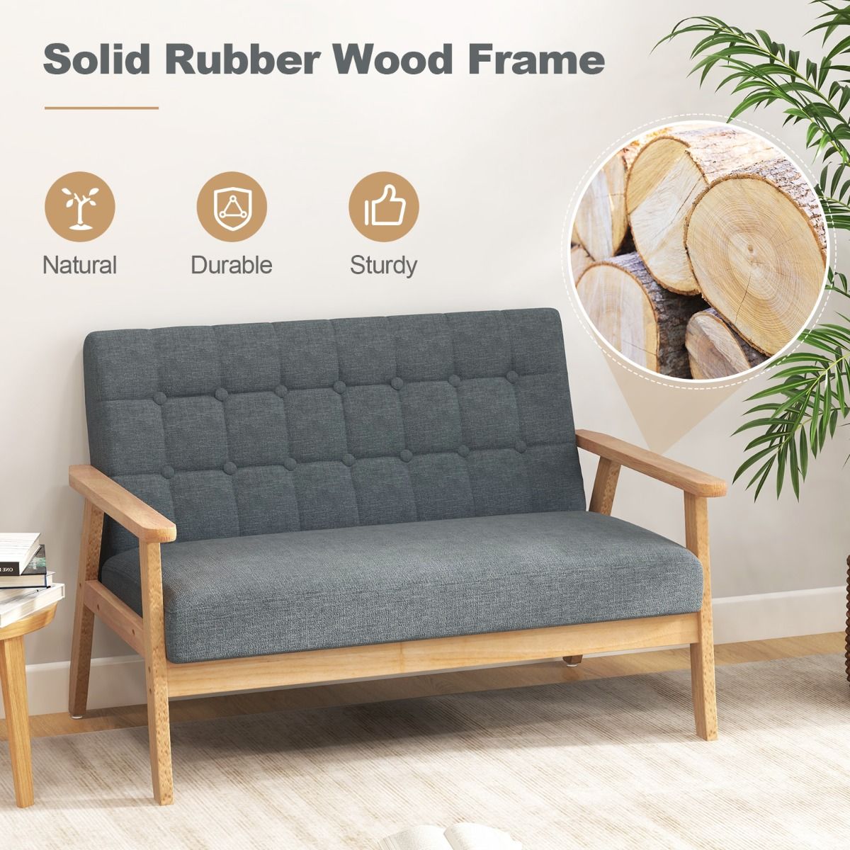 Coast Linnen Loveseat 2-Zits - Grijs - 114x72x77 cm - Rubberhouten Frame - Mid-Eeuws Design