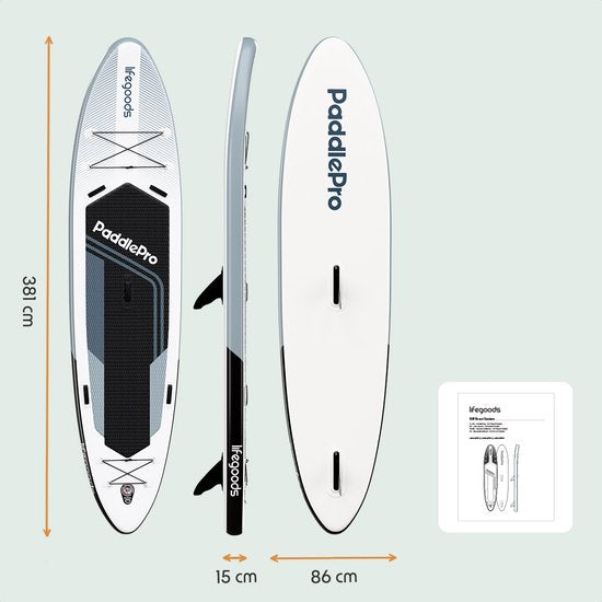 LifeGoods SUP Board Tandem - 2 Personen - 220 KG Draagkracht - 381 x 86 cm - Opblaasbaar - Compleet Sup pakket - Wit/Zwart