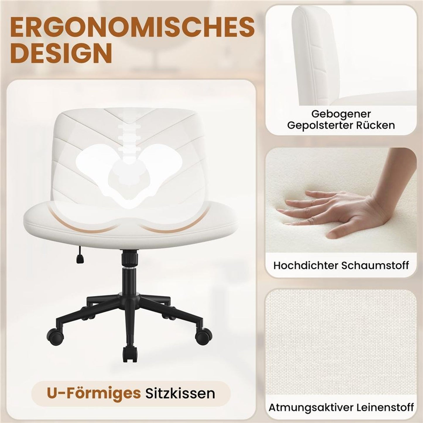 Yaheetech Bureaustoel Brede Zitting - Ergonomische Draaistoel met Rugleuning - In Hoogte Verstelbaar - 66x64,5x82-91,5 cm - Beige