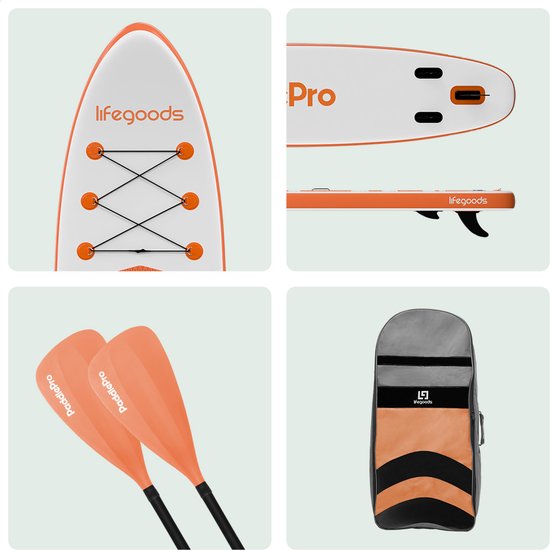 LifeGoods PaddlePro SUP Board - met Zitje - Opblaasbaar Paddle Board - Complete Set - Max. 135KG - 320x81cm - Wit/Oranje