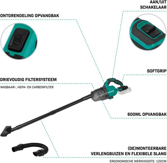 VONROC Krachtige accu steelstofzuiger – VPower 20V – Excl. accu & oplader – 0.6L opvangbak - Incl. 3 mondstukken, 2 verlengbuizen en flexibele slang