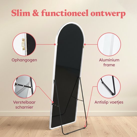 Fraay Passpiegel 160x55cm - Staand & Hangend - Minimalistische Wandspiegel - Staande Spiegel - Wit Mat