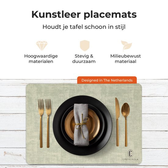 Castagnola Lederlook Placemats - Antislip Placemat van Kunstleer - Waterafstotende Onderlegger - Onderzetter - Placemats kunststof - 6 Stuks - 45 x 30 cm - Gemêleerd groen