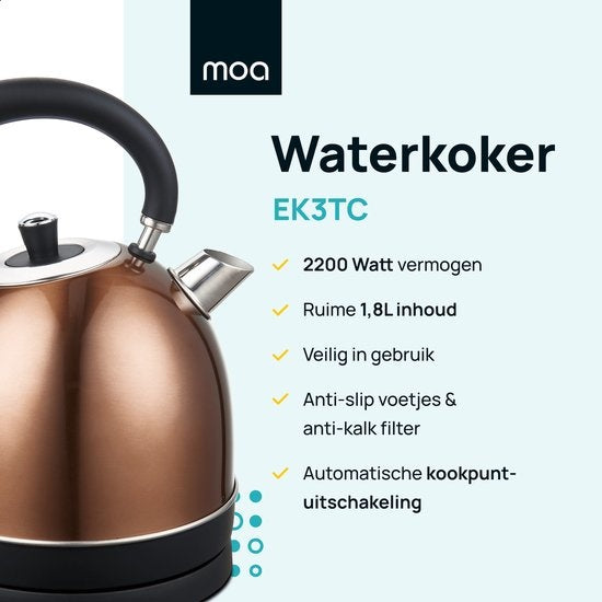 MOA Waterkoker Retro EK3TC – 1,8L – RVS – BPA-Vrij – 2200W – Koper – Ingebouwde Thermometer – Anti-Kalkfilter
