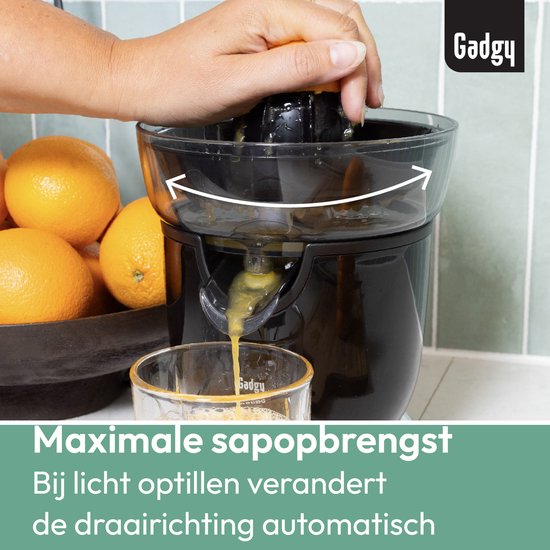 Gadgy Citruspers Elektrisch - Sinaasappelpers en Citroenpers met Schenktuit - Juicer met 2 perskegels - Antidrupsysteem - Antislip - 100W - Zwart - Vaatwasserbestendig