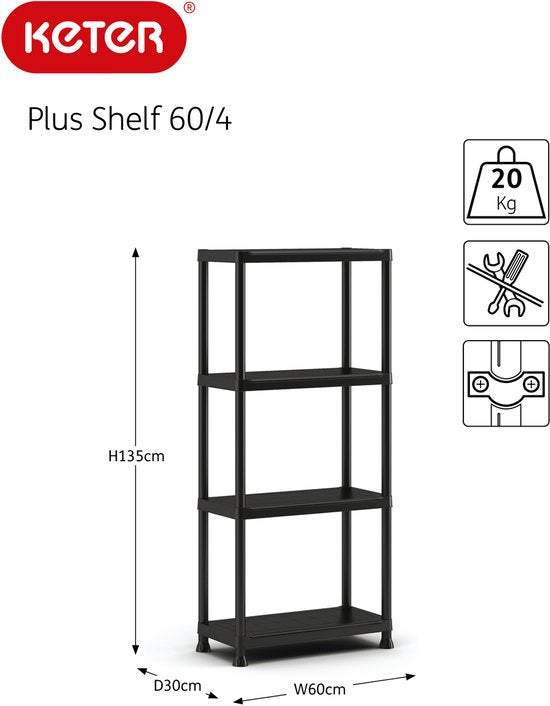 Keter Stellingkast Plus 60/4 - Opbergrek met 4 planken - 60x30x135cm - Zwart