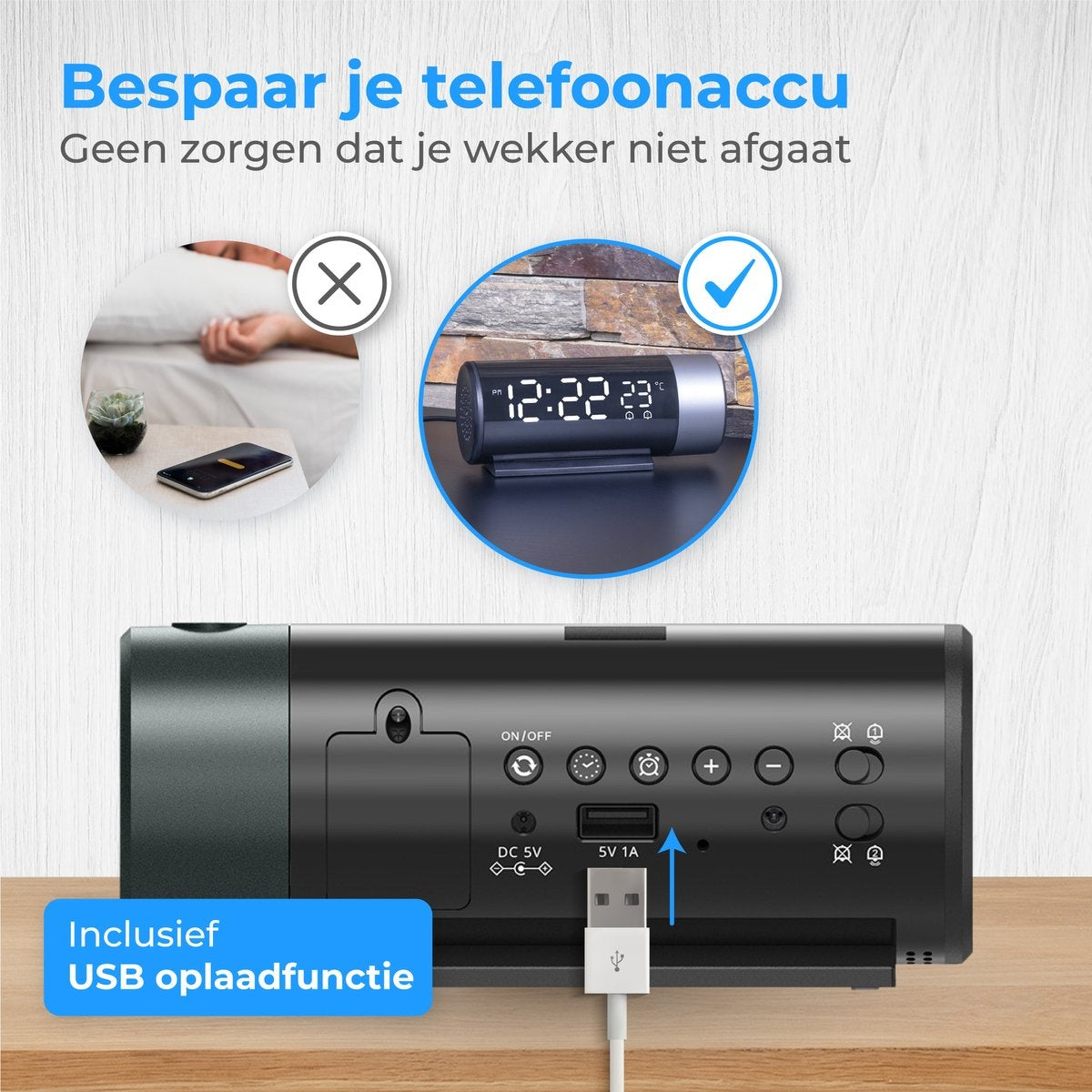Nuvance Digitale Wekker met Projectie – Dubbel Alarm – Snooze – USB-Oplaadpoort – 15 x 6,8 x 6 cm – Zwart