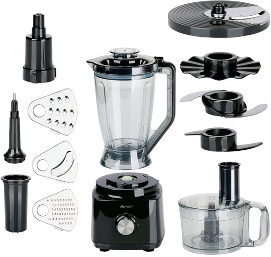 alpina 3-in-1 Foodprocessor, Blender en Smoothie Maker - Keukenmachine Multifunctioneel - Groentesnijder - Hakmolen - 2L - BPA-Vrij - Vaatwasserbestendig - FP413GS - Zwart